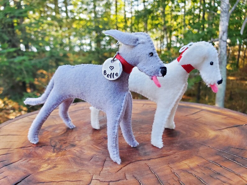 Pu&ograve; includere: Due giocattoli per cani in feltro, uno grigio e uno bianco, con collari rossi e targhette con il nome. Il cane grigio ha una targhetta che dice "Belle".