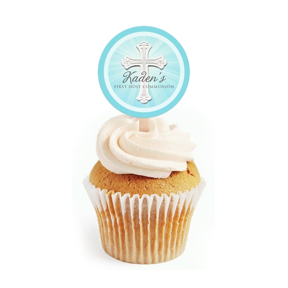 Personalised Cupcake Toppers-Blue- Christening Communion Confirmation Baptism