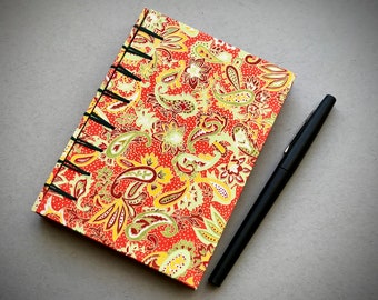 Sketchbook, Notebook, Journal - Secret Belgian Bind - Japanese Paper - Orange, Green, Gold Paisley Design