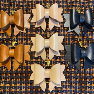 Real Natural / Tanned / Black Dyed Vachetta Leather Luxury Handbag Bow Accessory Charm w/ D-Ring SUPER CUTE ACCESSORY!