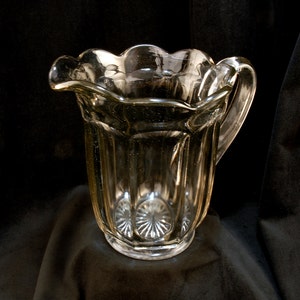 Antique Heavy Clear Glass 8-panel 40 oz. Pitcher with Scalloped Rim; Vintage Water or Lemonade Pitcher; Early 1900s
