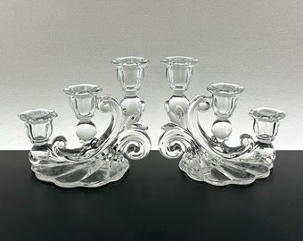 Pair of Vintage Cambridge "Rose Point" Clear Three (3) Light Candlestick Holder Shape 3400/1338; 1930s Elegant Glass Candle Holders
