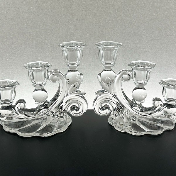 Pair of Vintage Cambridge "Rose Point" Clear Three (3) Light Candlestick Holder Shape 3400/1338; 1930s Elegant Glass Candle Holders