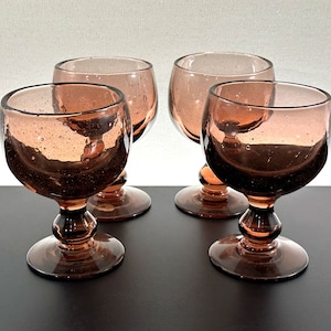 Vintage French Hand Blown Amethyst Heavy Glass Goblets; Provincial French Wine Goblets; Trapped Bubbles; Baluster Stem