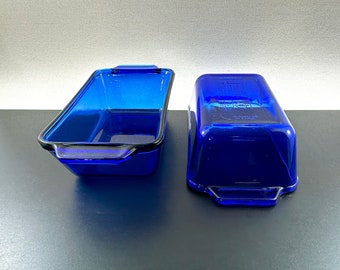 Pair of Vintage Anchor Hocking "Essentials" Cobalt Blue Glass Loaf Pan; 10" Rectangular Baker Bread Pan