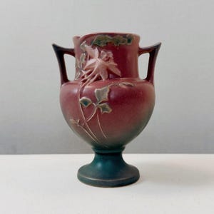 Vintage Roseville Columbine Pink No. 150-6" Handled Vase, Raised Flowers on Varigated Pink and Green Body, Stamped Name Mark on Bottom