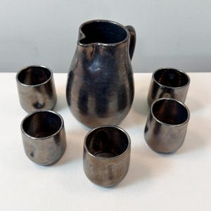 Vintage Cole Pottery Pitcher and Five Tumblers, Red Clay Jug with Iridescent Gun Metal Glaze; Kenneth George and Celia Cole Sanford NC 1999