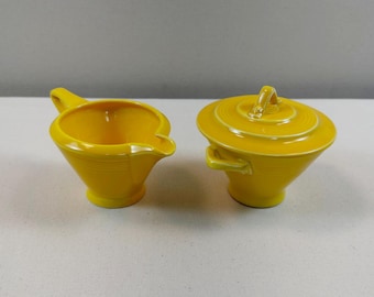 Vintage Homer Laughlin Harlequin Yellow Creamer and Covered Sugar Bowl, 1930s Art Deco Era Design, Concentric Rings, Sold at Woolworths