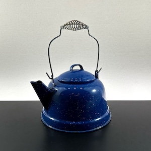 Op de afbeelding: Een blauwe emaille theepot met een veerhendel. De theepot heeft een gespikkelde blauwe afwerking en een rond lichaam.