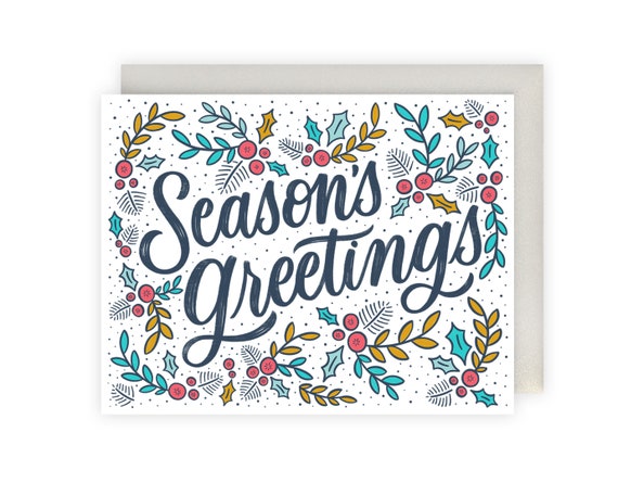 Seasons Greetings Christmas Wreath Wreath Happy Holidays Greeting Card Set of 5 Hand Lettered Card Pack