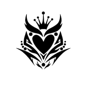 May include: Black graphic design featuring a heart shape at the center, crowned with a small crown and flanked by stylized wings. The design includes decorative elements like dots and pointed shapes, all set against a white background.