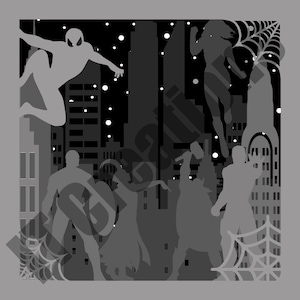 May include: Black and white silhouette of superheroes standing in front of a city skyline at night. The superheroes include Spider-Man, Thor, Iron Man, and Captain America. The city skyline is filled with tall buildings and a web design in the bottom left corner.