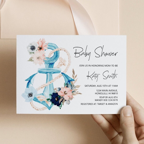 CUSTOM Nautical Baby Shower Invitation Navy Blue and Blush Pink Floral Anchor Baby Shower Invitation Printable C97