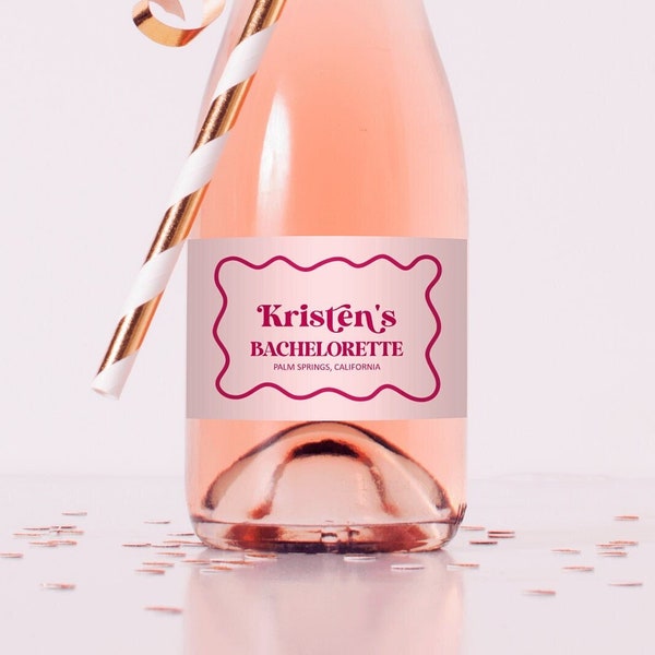 CUSTOM Retro Wavy Pink Mini Champagne Bottle Label Bachelorette Weekend Hens Party Bridal Shower Birthday Bottle Wrapper Digital File B1