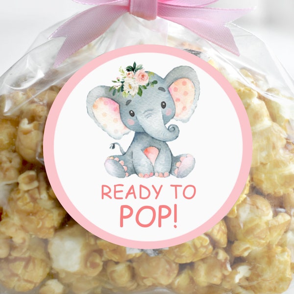 Elephant Ready To Pop Stickers Popcorn Labels Cupcake Toppers Printable Pink Elephant Baby Shower Favors Tags NOT Editable 0121