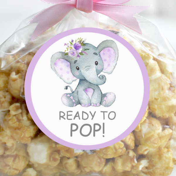 Ready To Pop Stickers Purple Elephant Baby Shower Favors Tags Popcorn Labels Cupcake Toppers Printable NOT Editable C67