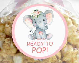 Elephant Ready To Pop Stickers Popcorn Labels Cupcake Toppers Printable Pink Elephant Baby Shower Favors Tags NOT Editable 0121