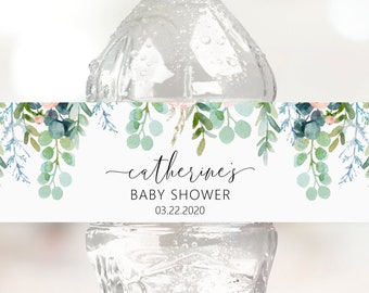 Boho Water Bottle Labels Boho Baby Shower Bridal Shower Eucalyptus Pink Floral Custom Water Bottle Label Printable B85 C73