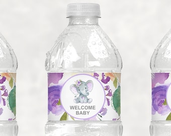 Elephant Baby Shower Water Bottle Labels Purple Elephant Bottle Wrapper Printable NOT Editable C67