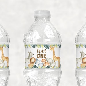 Wild One Birthday Water Bottle Labels Safari Birthday Jungle Zoo Party Animals 1st Birthday Printable Labels Wrappers NOT Editable 0129