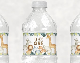 Wild One Birthday Water Bottle Labels Safari Birthday Jungle Zoo Party Animals 1st Birthday Printable Labels Wrappers NOT Editable A7