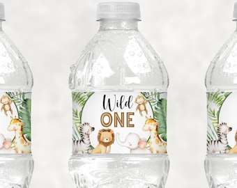 Wild One Birthday Water Bottle Labels Safari Animals Zoo Jungle 1st Birthday Party Favors Printable Labels Wrappers NOT Editable A95