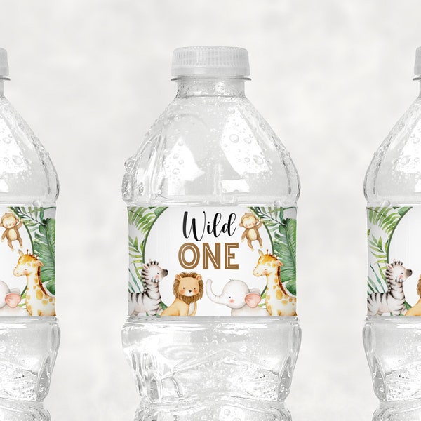 Wild One Birthday Water Bottle Labels Safari Animals Zoo Jungle 1st Birthday Party Favors Printable Labels Wrappers NOT Editable A95