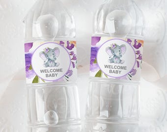 Elephant Baby Shower Water Bottle Label, Purple Elephant Bottle Wrapper Printable C67