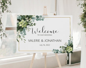 CUSTOM Greenery Succulent Welcome Sign Wedding Welcome Sign Printable Green and Gold Eucalyptus Green Leaves B84
