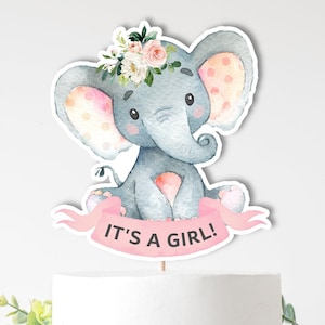 PRINTABLE Elephant Centerpieces Pink Elephant Cake Topper It's a Girl Elephant Cutout Girl Elephant Baby Shower Decor NOT Editable 0121