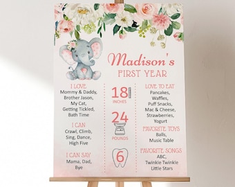 Peut inclure: Un panneau rose et blanc pour le premier anniversaire sur un chevalet en bois. Le panneau présente une illustration d'un éléphant et des accents floraux. Il comprend le nom de l'enfant, ses mensurations et ses choses préférées.