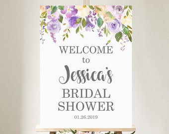 CUSTOM Bridal Shower Welcome Sign Printable Purple Floral Baby Shower Decorations Custom Sign Digital File A79 B70 C67