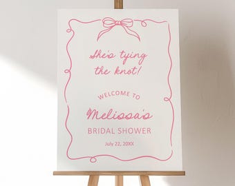 Editable She's Tying The Knot Welcome Sign Minimalist Pink Bow Bridal Shower, Hand Drawn Welcome Poster Template Corjl 0145