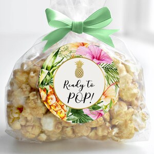 Ready To Pop Sticker Tag Tropical Hawaiian Luau Baby Shower Favor Tag Popcorn Bag Label Printable  C74