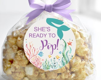 Klar att poppa klistermärkesetikett sjöjungfru babyshower-gåvoetikett popcornpåse etikett utskrivbar C71