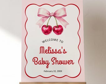 Editable Cherry Baby Shower Welcome Sign Cherry On Top Baby Shower Pink Bow Coquette Baby Shower Welcome Poster Template Corjl 0144