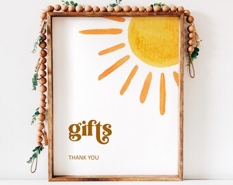 Here Comes the Sun Gifts Sign Printable, Sunshine Baby Shower Gift Table Sign, Boho Retro Sun Gifts Thank You Sign PDF, 0118