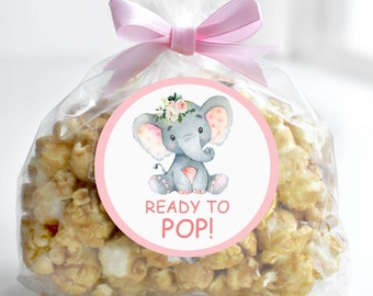 Etiqueta adhesiva Ready To Pop con diseño de elefante rosa para baby shower, etiqueta para bolsa de palomitas de maíz, imprimible, no editable, 0121