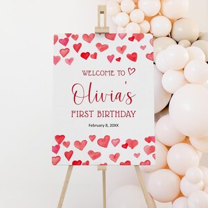 Editable Girl Valentine Birthday Party Welcome Sign Watercolor Red Hearts Corjl Template 0141