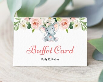 Editable Pink Elephant Tent Card Food Label Place Card Template Baby Shower Birthday Printable, Corjl 0121
