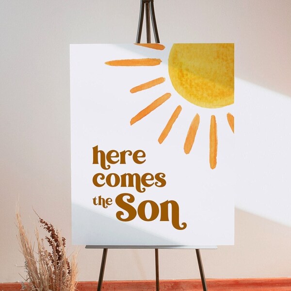 Hier kommt der Sohn Schild 16 x 20 druckbare Sonne Baby-Dusche Retro Boho Sunshine Baby-Dusche-Dekor digitale Wandkunst NICHT editierbar 0118