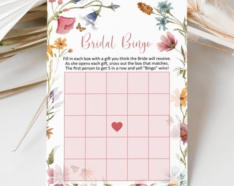 Wildblumen Blumen Rosa Braut Bingo Spiel Karte, Brautdusche Spiel Printable 0123