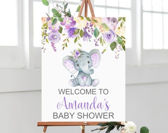 CUSTOM Elephant Baby Shower Welcome Sign Welcome Poster Purple Elephant Floral Baby Shower  Welcome Sign Digital File C67