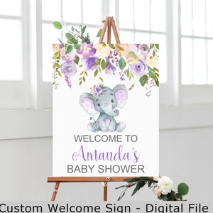 CUSTOM Elephant Baby Shower Welcome Sign Welcome Poster Purple Elephant Floral Baby Shower  Welcome Sign Digital File C67