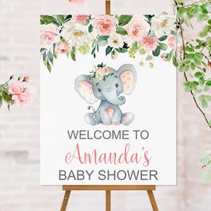 Custom Elephant Baby Shower Welcome Sign Welcome Poster Blush Pink Elephant Floral Girl Baby Shower Welcome Sign Digital File 0121