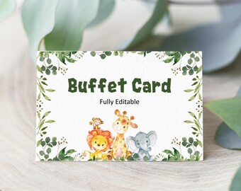Editable Safari Jungle Animals Buffet Food Card Food Label Table Tent Card Food Sign Place Card Template Corjl 0128