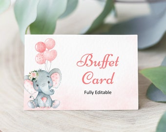 Editable Pink Elephant Food Label Place Card Table Tent Card Buffet Food Card Template Corjl 0121