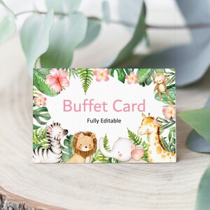 Rosa Safari Jungle Animals Modificabile Buffet Cibo Carta Etichetta Cibo Tavolo Tenda Carta Cibo Segno Segnaposto Modello Corjl 0127