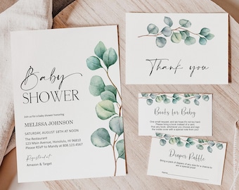 Editable Eucalyptus Baby Shower Invitation Bundle Gender Neutral Baby Shower Minimal Greenery Baby Shower Invite Bundle Template Corjl 0133