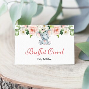 Tarjeta de comida de buffet editable con elefante rosa Etiqueta de comida Letrero de comida Tarjeta de carpa de mesa Plantilla de tarjeta de lugar Corjl 0121